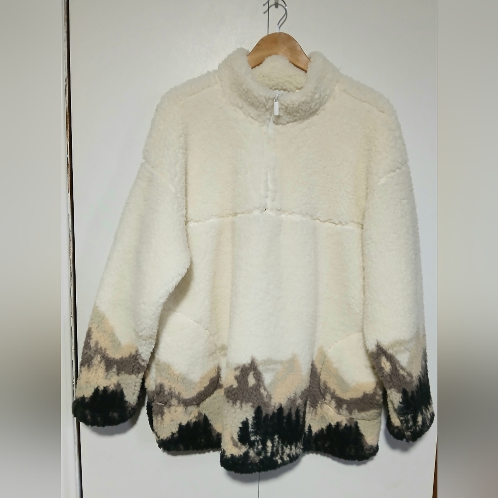 Mystyle 1X Sherpa Quarter Zip Pullover Jacket with Forest Mountain Scene